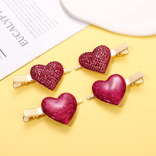 HZEYN 4 Pack Valentines Day Hair Clip Glitter Hot Pink Hearts Alligator Hair Clips Sparkly Hairpins Holiday Hair Accessories for Women Girls Gift (Hot Pink)