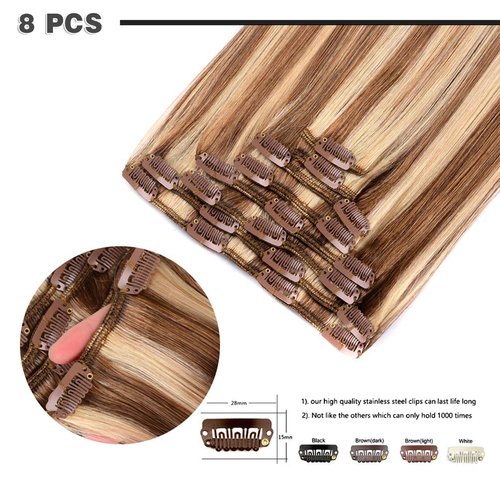 18" Remy Clip in Hair Extensions Human Hair #12/613 for Women Beauty - Short Silky Straight 8pcs 20clips Real Hair Extensions Clip in Human Hair (18 inches 100g #12/613 Golden Brown Mix Bleach Blonde)