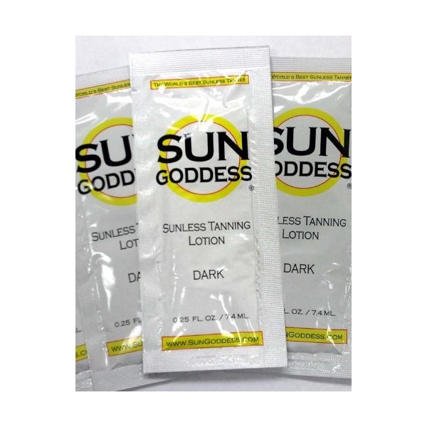 Sun Goddess - Sunless Self Tanning Lotion - DARK - Includes (3) .25 oz. Sunless Self Tanning Lotion Samples + 1 Sunless Self Tanning Mitt/Glove + 1 Pair Sunless Self Tanner Application Gloves