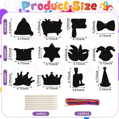 Deekin 120 Pcs Purim Scratch Paper Art Set Purim Colored Scratch Cards Hanging Rainbow Ornaments Crafts Champagne Mask Narcissus Purim Party Activities DIY Art Painting Project Supplies