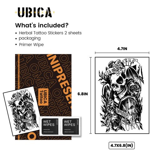UBICA Temporary Tattoos Adult, 2 Sheets Fake Tattoos, Realistic And Long-Lasting Non-Reflective, Waterproof For 1-2 Weeks, skull Tattoos 4.7x6.8in