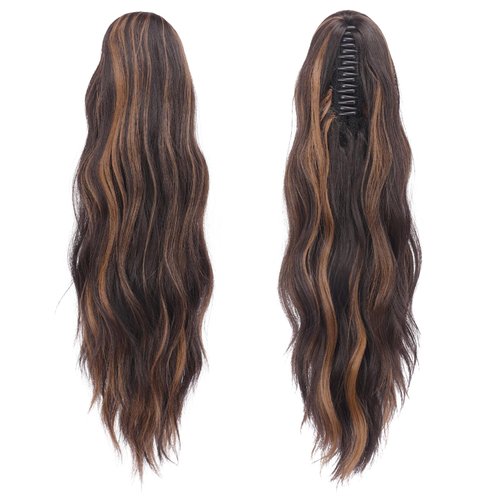 FESHFEN Ponytail Extensions, Long Claw Clip in Ponytail Hairpiece Synthetic Pony Tails Hair Piece Natural Wavy Hairpieces for Women, 20 inch Black & Caramel Brown