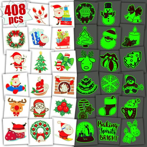 Leesgel 408 Styles Glows Christmas Tattoos, kids Christmas Eve Party Temporary Tattoos for Stocking Stuffers, Santa Claus Party Supplies Decor Fake Tattoos (68 Sheets)