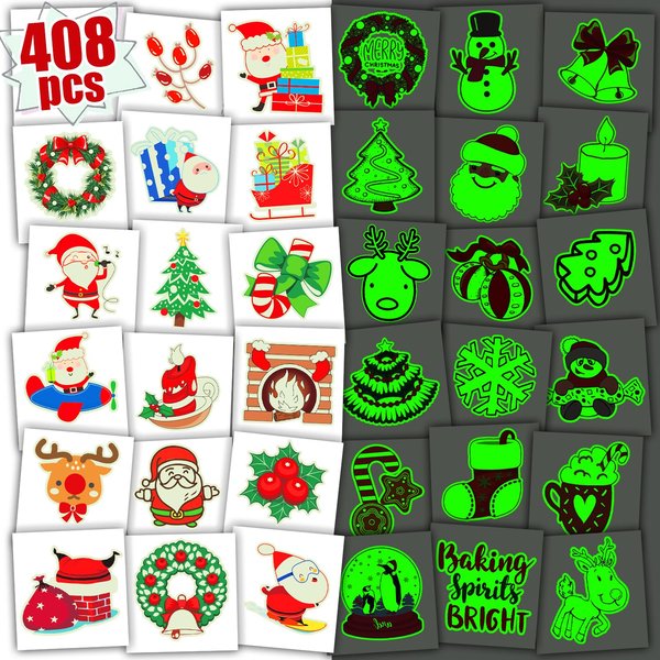 Leesgel 408 Styles Glows Christmas Tattoos, kids Christmas Eve Party Temporary Tattoos for Stocking Stuffers, Santa Claus Party Supplies Decor Fake Tattoos (68 Sheets)