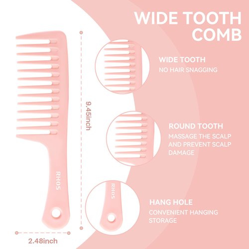 RHOS Hair Comb Set for Women, Men - 3 Pieces Including Wide Tooth Comb, Fine Tooth Rat Tail Comb, Medium Tooth Comb - Detangling Hair Combs for All Hair Types - Pink