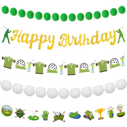 Colarr 5 Pcs Golf Birthday Party Decorations Include Happy Birthday Golf Banner, Golf Birthday Banner, White Golf Ball Banner and Green Pom Pom Garland for Kids Boys Men Golf Party Decorations