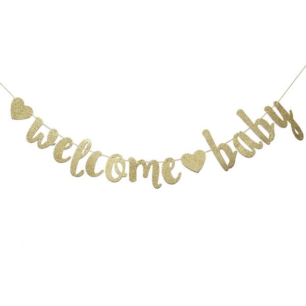 Welcome Baby Gold Glitter Banner- Baby Shower,Pregnancy Announcement, Gender Reveal Party Supplies (Gold)