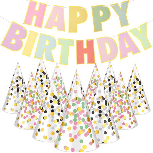 20 Pcs Pink Birthday Party Hats for Kids Classroom Pastel Colors Birthday Party Hats with Rainbow Pastel Banner Star Dot Birthday Accessories Birthday Party Decorations for Kids Party Supplies