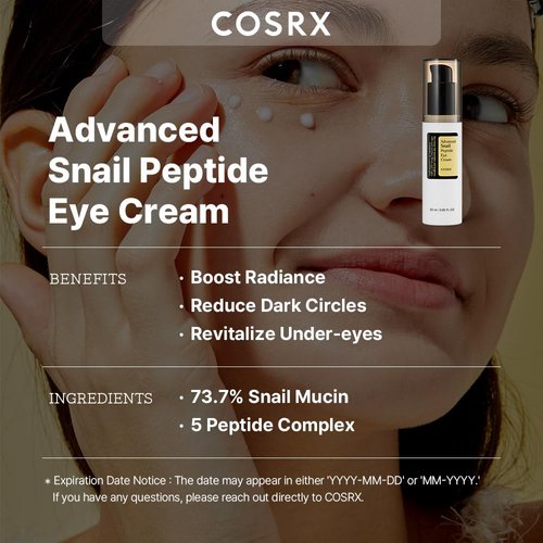 COSRX Snail Mucin Peptide Under Eye Cream, 0.84 fl oz, 73.7% Snail Mucin and Niacinamide, Eye Care, Eye Cream Anti Aging, Dark Circles, Korean Skin Care