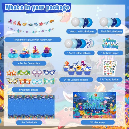 LXlucktim Sea Animal Party Decorations, 136 Pcs Under Ocean Animal Shark Birthday Party Decorations Supplies for Boy Girl - Backdrop, Toppers, Tablecloth, Centerpieces, Hanging Swirl, Glasses