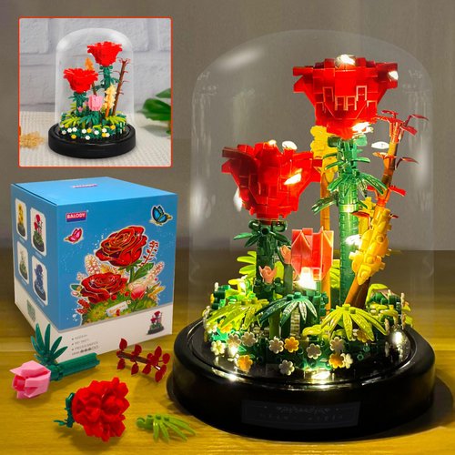 Allhero Flower Bouquets Building Sets with LED String Light and Dust Cover, Rose Bouquet Building Block Gifts for Mothers Day, Valentines Day, Birthday, Anniversary, Christmas