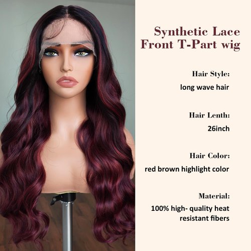 beauty proya Ombre Red Highlights Synthetic Lace Front Wigs 26 Inch Long Loose Wave Heat Resistant Hair Wig Glueless Synthetic HD Lace Wigs for Black Women
