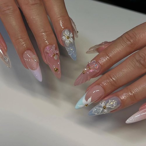 BABALAL Almond Press on Nails Medium Fake Nails 3d Sliver Chrome Design Glue ons Nails Flower Butterfly Aurora Acrylic Nails 24Pcs Coquette Stiletto Handmade Manicure False Nails