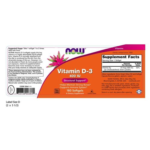 NOW Vitamin D-3 400IU, 180 Softgels (Pack of 3)