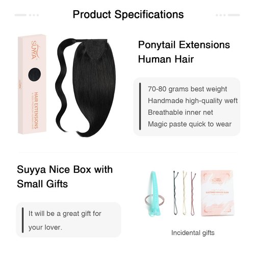 SUYYA Ponytail Human Hair Wrap Around Clip in Hair Piece Ponytail Extension Human Hair Straight Human Hair Ponytail Extensions with Magic Paste 80G 16 Inch #1B Natural Black
