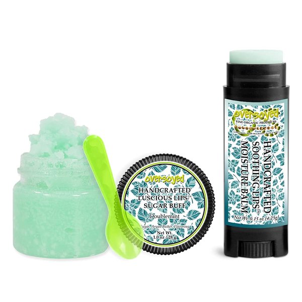Doublemint Soothing & Luscious Lips by OverSoyed Exfoliator & Chapped Lip Repair Lip Care Combo | Artisan Handcrafted to Order Refreshing Icy Spearmint Sweet Peppermint Flavored Exfoliating Sugar Lip Scrub & Lip Moisturizer Balm Gift Set