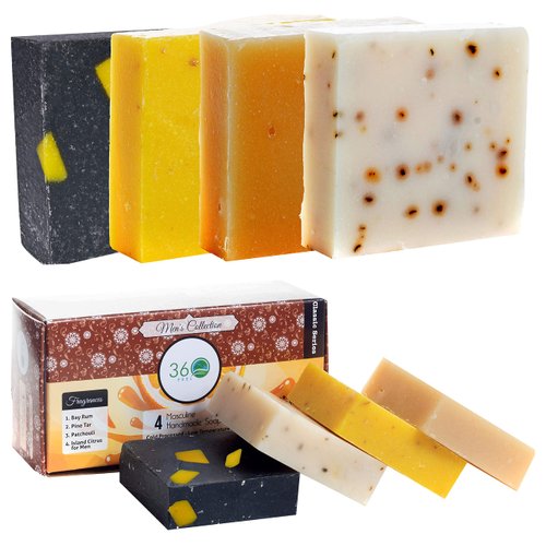 360 Feel Men's Soap bar Handmade -Masculine fragrance-, Patchouli, Pine Tar with Charcoal Beeswax,Citrus - Gift pack- Natural Men Soap- Gift for him Bay Rum, 4 Count (Pack of 1)