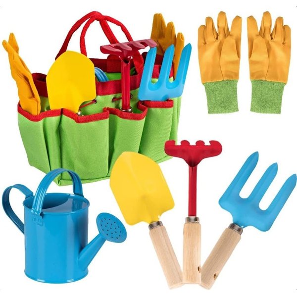 Little Gardener Tool Set with Garden Tools Bag for Kids Gardening - Kit includes Watering Can, Children Gardening Gloves, Shovel, Rake, Fork and Garden Tote Bag-Children Gardening All in One Kit