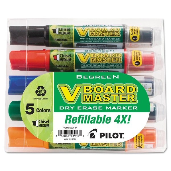 Pilot 43917 Whiteboard Marker, Refillable, Chisel Point, 5/PK, Assorted