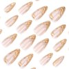 MISUD Press on Nails Medium Almond Fake Nails Glossy Glue on Nails 3D Gold Chrome Acrylic Nails Stiletto Artificial Nails French Tip Stick on False Nails with Design 24 pcs