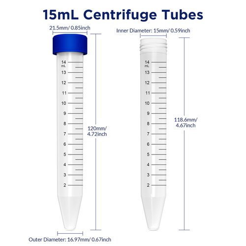 Membrane Solutions Conical Centrifuge Tubes 15mL, 50 Pack Sterile Plastic Test Tubes with Screw Caps, Polypropylene Container with Graduated and Write-on Spot, Non-Pyrogenic, DN/RNase Free