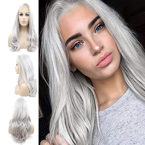 Sylvia Ash Grey Silvery White Natural Wave Lace Front Wigs 24 Inch Glueless Synthetic Wigs Side Bang Parting Half Hand Tied Wig 180% Density Heat Resistant Hair Replacement for Woman