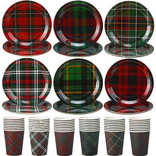 Mifoci 96pcs Plaid Tableware Set, Paper Plates & Cups for 48 Guests, Christmas Party Supplies Disposable Dinnerware
