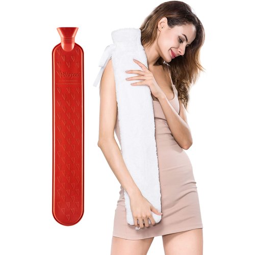 Peterpan Long Rubber Hot Water Bottle with Cover, Hot Water Bag for Pain Relief, Holds 90 Fl Oz, BPA & Phthalates Free, High Rubber Content Holds Heat Better, White