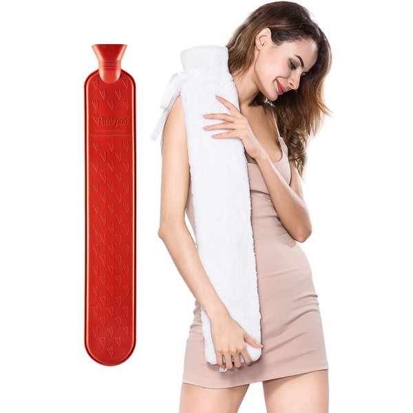 Peterpan Long Rubber Hot Water Bottle with Cover, Hot Water Bag for Pain Relief, Holds 90 Fl Oz, BPA & Phthalates Free, High Rubber Content Holds Heat Better, White
