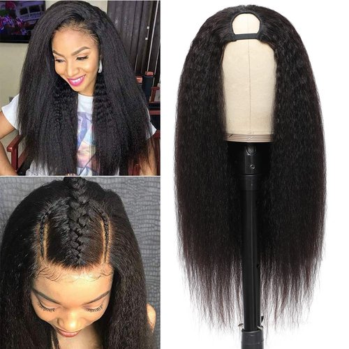 U Part Wig Human Hair Kinky Straight Wigs for Black Women, 14 inch Italian Yaki Straight Half Wig...