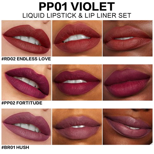 FOCALLURE KISSPROOF 6Pcs Liquid Lipstick & Lip Liner Set, 3 Highly Pigmented Lip Gloss, 3 Matte Lip Crayons with Built-in Sharpener, Lips Makeup Gift for Women, PP01 VIOLET