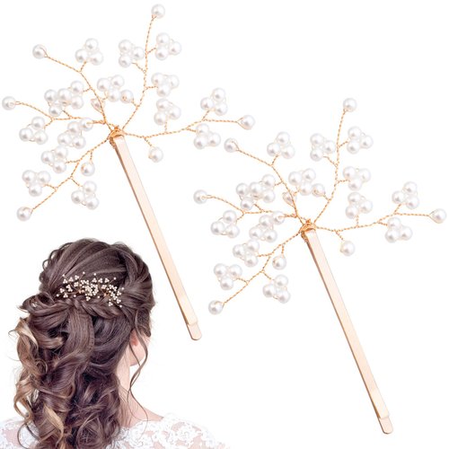 HINZIC 2Pcs Wedding Pearl Hair Pins Metal Hair Pearl Bridal Barrette Bobby Pins Jewelry Decorative Engagement Prom Valentines ChristmasAccessories for Women Girls