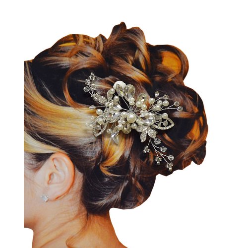 Rhinestone Leaf & Flower Pearl Bead Hair Comb