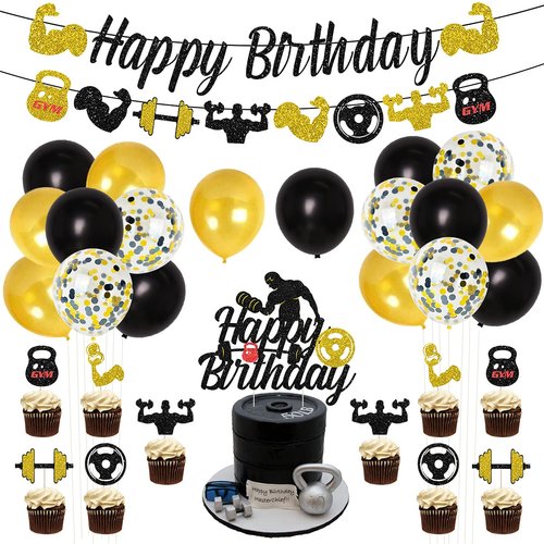 Gym Birthday Party Decorations Black and Gold Fitness Themed Party Decorations for Men, Weight Lifting Theme Party Supplies with Fitness Cake Topper Glitter Gym Happy Birthday Banner