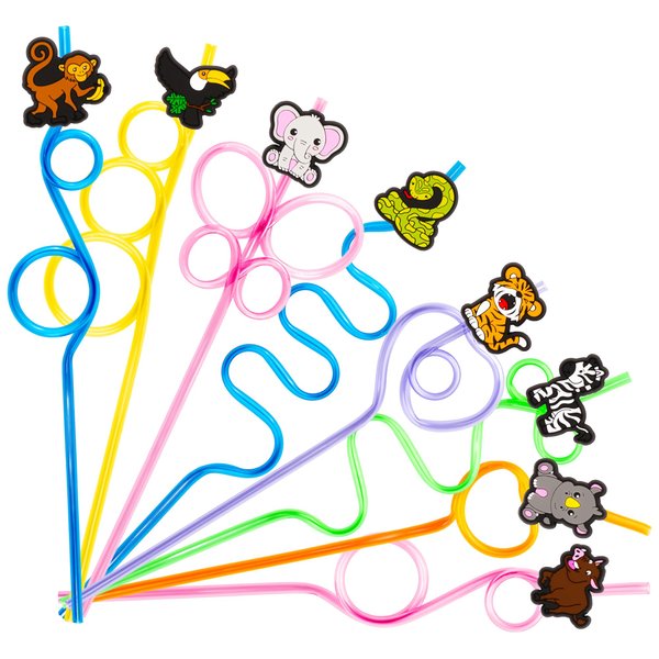 24 PCS Jungle Drinking Crazy Straws for Kids | Jungle Themed Animals Birthday Party Supplies Favors Decorations with 24 PVC Safari Charm, 2 Cleaning Brushes Reusable Straw
