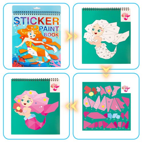 Mermaid Sticker Book Crafts for Kids Ages 4-8 Sticker Paint Books Stickers for Kids Girls Birthday Party Favors Road Plane Travel Learning Number Toys Activity Books (Mermaid)