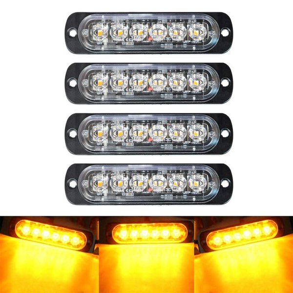 4-Pack 6 LED Amber Strobe Lights Vehicles Trucks Emergency Strobe Lights Kit 12V -24V Warning Hazard Flash Strobe Lights Bar Grill Grille Surface Mount Super Bright Waterproof