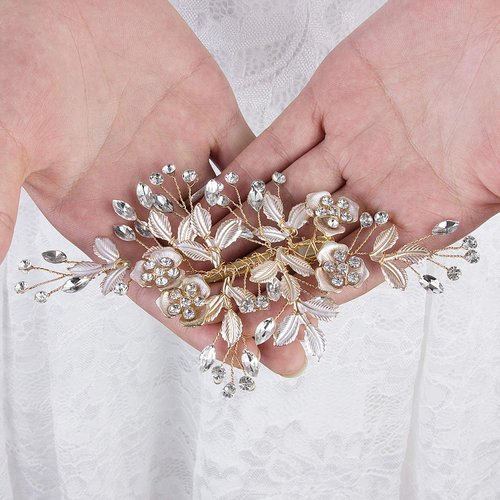 CROWN GUIDE Gold Rhinestone Bridal Hair Comb Barrette Handmade Flower Clip Pin Wedding Hair Accessories Pieces for Women Rose Gold