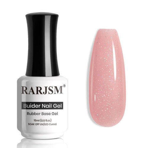 RARJSM Nude Rubber Base Gel Nail Polish Rainbow Glitter Sheer Light Pink Rubber Base Gel for Nails Iridescent Brush on Quick Extend Builder Hard Gel Soak Off Curing Requires 15ml French Manicure