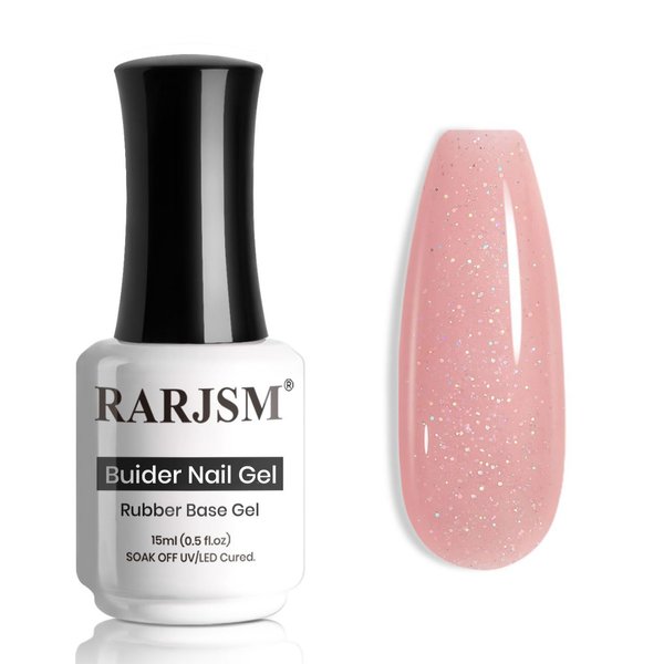 RARJSM Nude Rubber Base Gel Nail Polish Rainbow Glitter Sheer Light Pink Rubber Base Gel for Nails Iridescent Brush on Quick Extend Builder Hard Gel Soak Off Curing Requires 15ml French Manicure