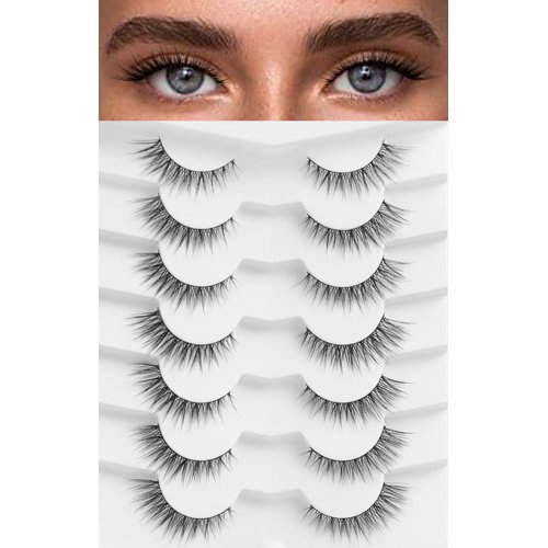 Lashes False Eyelashes Natural Cat Eye Lashes 14mm Wispy Eyelashes with Thin Band 3D Volume False Lashes Soft Strip Lashes Pack C Curl Natural Eyelashes Fake Lashes 7 Pair EVENTILL