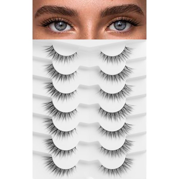Lashes False Eyelashes Natural Cat Eye Lashes 14mm Wispy Eyelashes with Thin Band 3D Volume False Lashes Soft Strip Lashes Pack C Curl Natural Eyelashes Fake Lashes 7 Pair EVENTILL