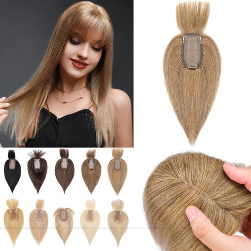 S-noilite 150% Density Human Hair Toppers with Bangs Silk Base Clip in Hair Topper For Women with Thinning Hair Cover Gray Hair Clip on Top Hairpieces For Short Hair 6 Inch 27g #27 Dark Blonde