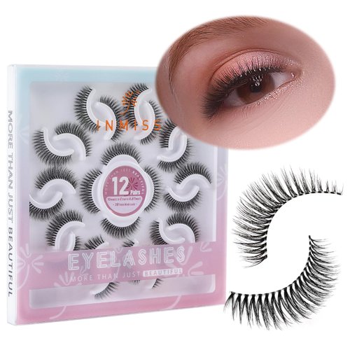 Wispy Eyelashes Clear Band Short Lashes Natural Look 10mm C Curl 3D Faux Mink Strip Lashes look like individual cluster lashes-12 Pairs