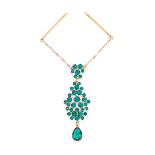 Campsis Boho Gold Teardrop Crystal Hair Clip Green Rhinestone Head Chain Jewelry Hair Chain Bridal Hair Accessories for Women