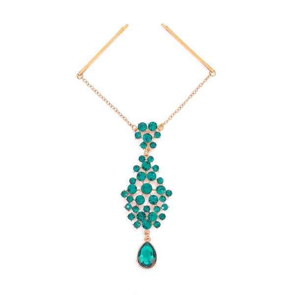 Campsis Boho Gold Teardrop Crystal Hair Clip Green Rhinestone Head Chain Jewelry Hair Chain Bridal Hair Accessories for Women