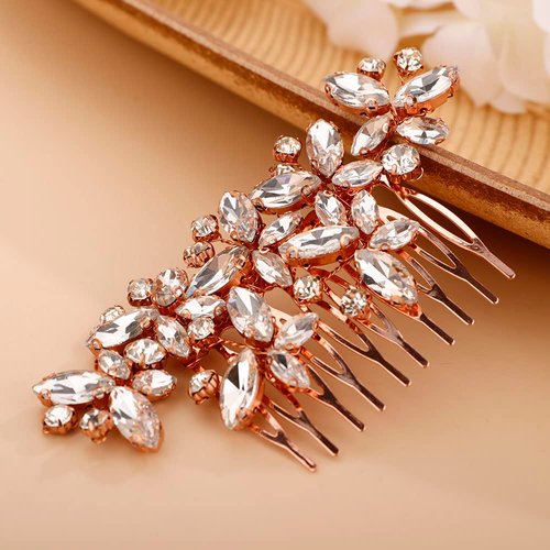 Chargances Crystal Wedding Hair Comb Handmade Bridal Gemstone Hair Side Comb Rose Gold Rhinestone Headpiece Bridal Hair Accessories for Wedding Prom Flower Girl (Rose Gold)