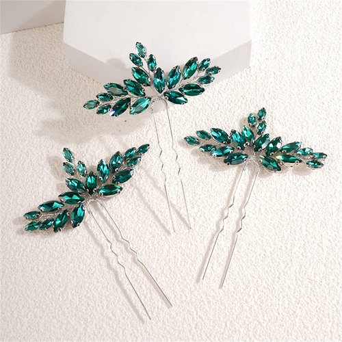 BERYUAN 3PCS Teardrop Crystal Hair Pins, Wedding Hair Accessories for Flower Girls Bridal Headband, PEACOCK GREEN