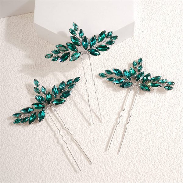 BERYUAN 3PCS Teardrop Crystal Hair Pins, Wedding Hair Accessories for Flower Girls Bridal Headband, PEACOCK GREEN