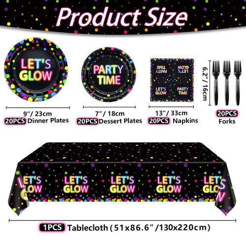 Glow in The Dark Party Supplies - Include Glow in The Dark Plates, Napkins and Fluorescent Tablecloths for Glow Party Supplies Black Light Neon Party Decorations, Serve 20
